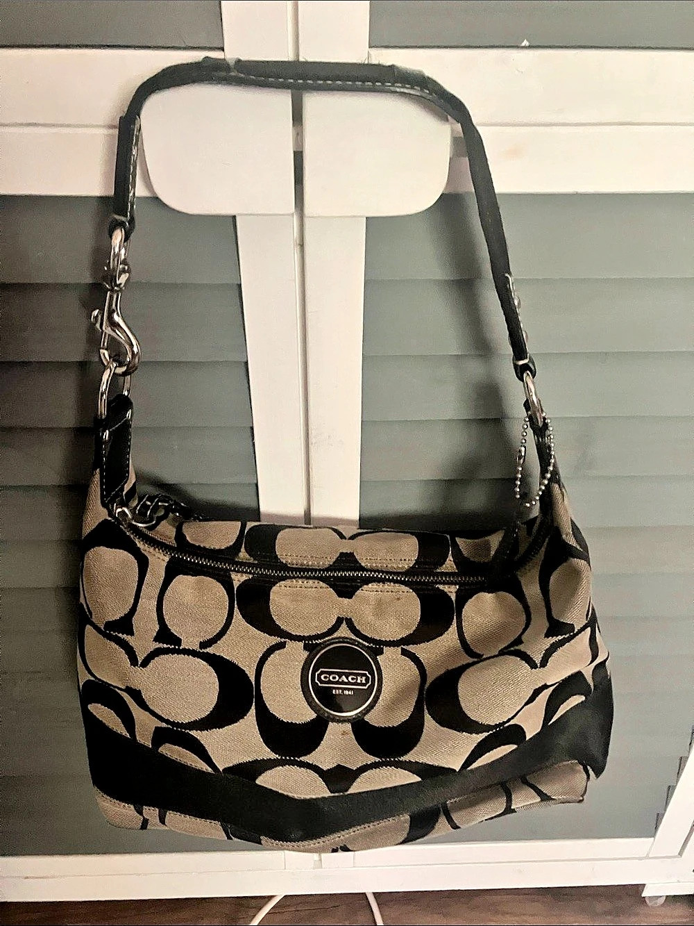 Coach Signature Stripe Satchel Shoulder Bag Black & Tan